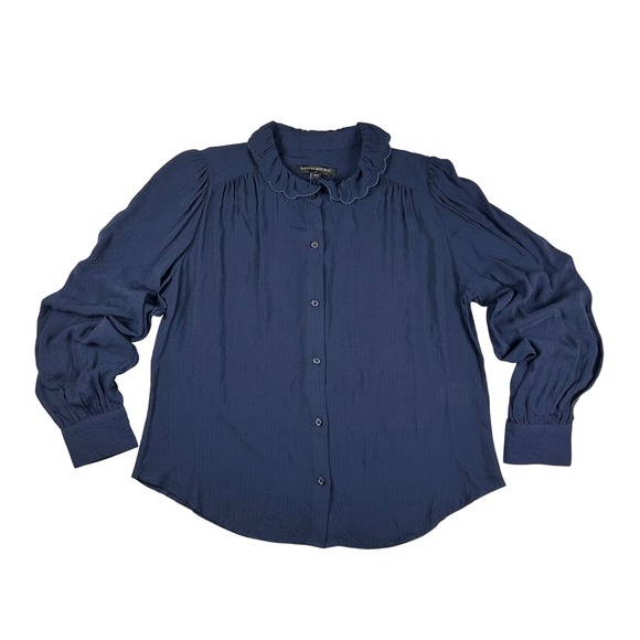 Banana Republic Tops - Banana Republic‎ Navy Blue Ruffle Scallop Collar Dobby Blouse Petite S